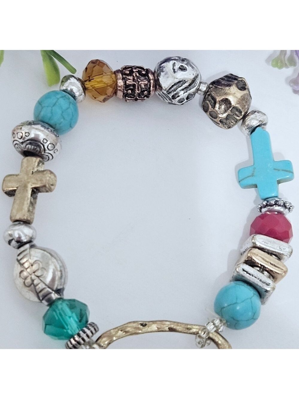 Western Boho Style Turquoise Cross Stretch Bracelet - Picture 3 of 3